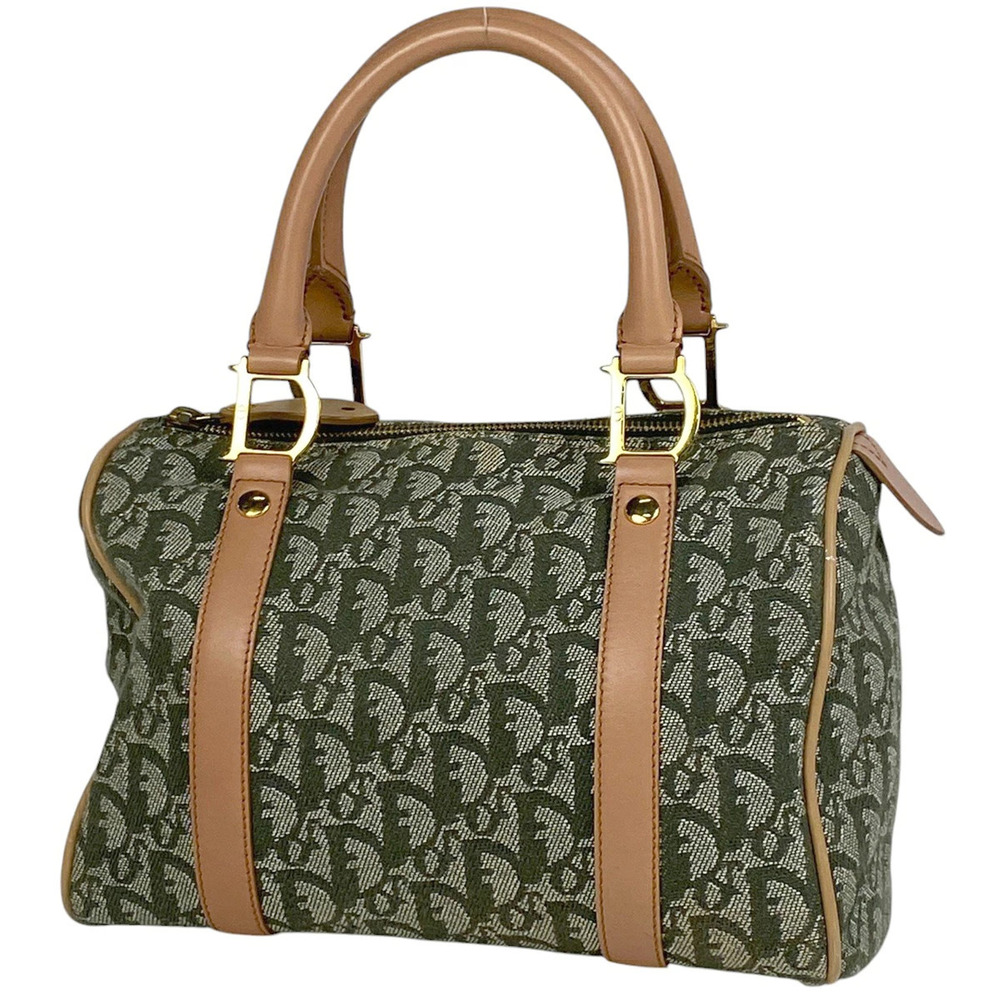 Christian Dior Trotter Handbag Boston Bag Canvas Green Beige Cream